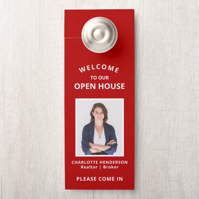 Foto van Red Welcome Open House Real Estate Agent Deurhanger (Op knop)