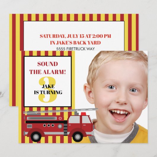 Foto van Red Yellow Firetruck Child 3rd Birthday Kaart (Voorkant / Achterkant)