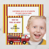 Foto van Red Yellow Firetruck Child 4th Birthday Kaart (Voorkant / Achterkant)