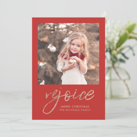 Foto van Rejoice and Be Glad Red Rustic Feestdagenkaart (Staand voorkant)