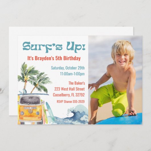 Foto van Retro Surf Birthday Party Kaart (Voorkant / Achterkant)