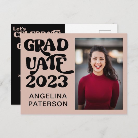 Foto van Retro: zwart en roze Afstuderen partij Uitnodiging Briefkaart (Voorkant / Achterkant)