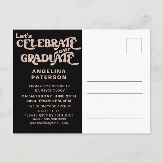 Foto van Retro: zwart en roze Afstuderen partij Uitnodiging Briefkaart (Achterkant)