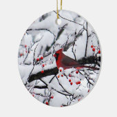 Foto van rode kardinaalsneeuwboom keramisch ornament (Links)