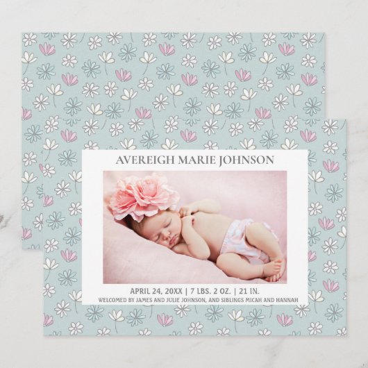 Foto van roze Blue White Floral Aankondiging (Voorkant / Achterkant)