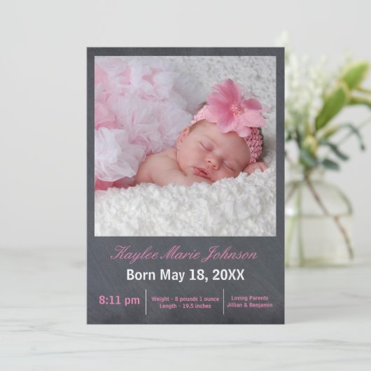 Foto van Roze Chalkboard - Aankondiging geboorte (Staand voorkant)