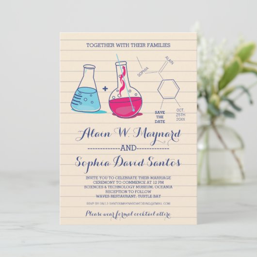 Foto van Roze en Blue Chemistry Wedding Photo nodi Save The Date (Staand voorkant)