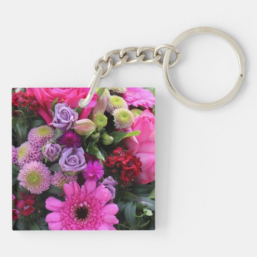 Foto van Roze en Violet Flower Bouquet Sleutelhanger (Achterkant)