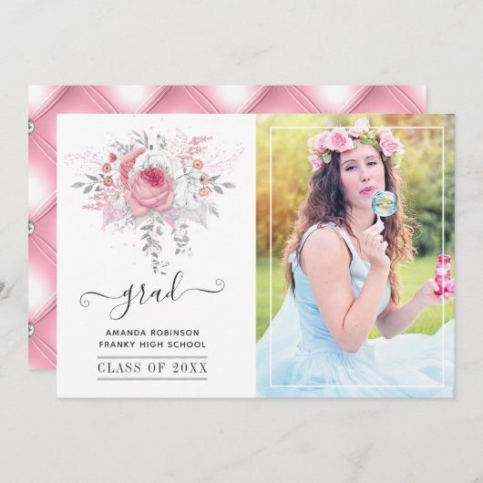 Foto van roze en zilver Floral Afstuderen Aankondiging (Voorkant / Achterkant)