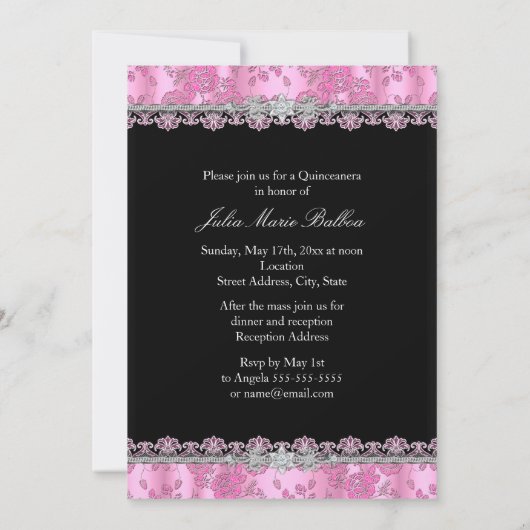 Foto van roze en zwart, Quinceanera, uitnodiging (Achterkant)