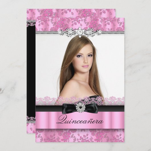 Foto van roze en zwart, Quinceanera, uitnodiging (Voorkant / Achterkant)