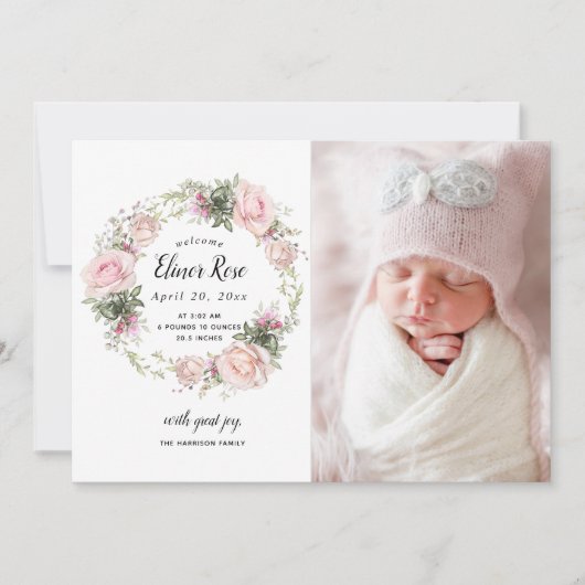 Foto van roze Floral Aankondiging van geboorte (Voorkant)