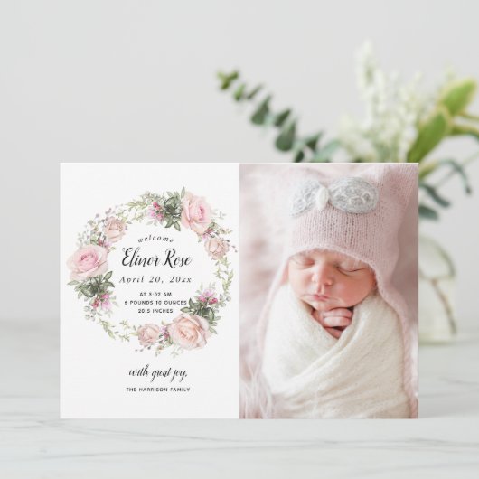 Foto van roze Floral Aankondiging van geboorte (Staand voorkant)