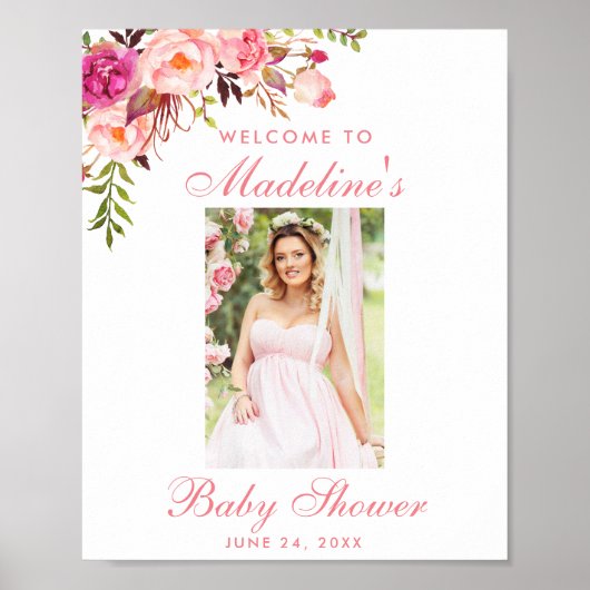 Foto van roze Floral Baby shower Welkom Poster (Voorkant)