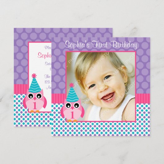Foto van roze olieplek Multi Polka Dot 1st Birthda Kaart (Voorkant / Achterkant)