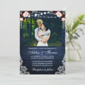 Foto van Rustic Blue Wedding Floral Wood Lights Kaart (Staand voorkant)