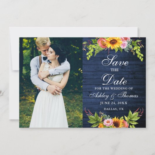 Foto van Rustic Blue Wood Sunflower Save The Date (Voorkant)