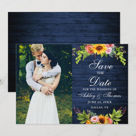 Foto van Rustic Blue Wood Sunflower Save The Date (Voorkant / Achterkant)