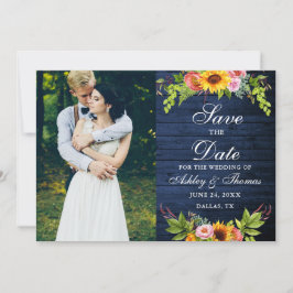 Foto van Rustic Blue Wood Sunflower Save The Date