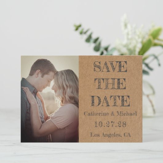 Foto van Rustic Brown Cardboard Save The Date (Staand voorkant)
