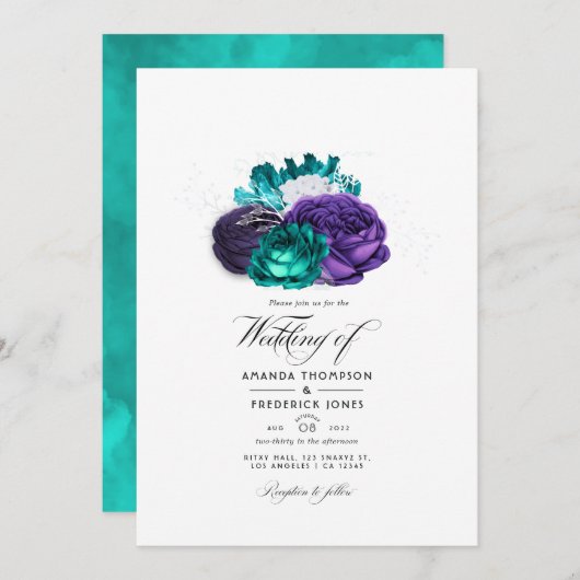 Foto van Rustic Violet en Turquoise Floral Wedding Kaart (Voorkant / Achterkant)