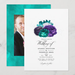 Foto van Rustic Violet en Turquoise Floral Wedding Kaart