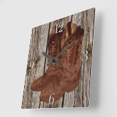 Foto van Rustic, Weathered Wood & Cowboy Boots Vierkante Klok (Hoek)