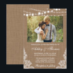 Foto van Rustic Wedding Burlap Lights Kaart<br><div class="desc">Rustic Wedding Burlap String Lights Lace Fotouitnodiging</div>
