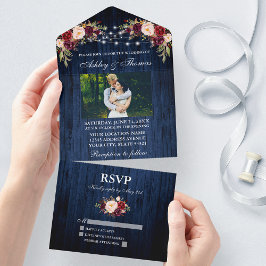 Foto van Rustic Wedding Floral Blue Wood All In One Uitnodiging