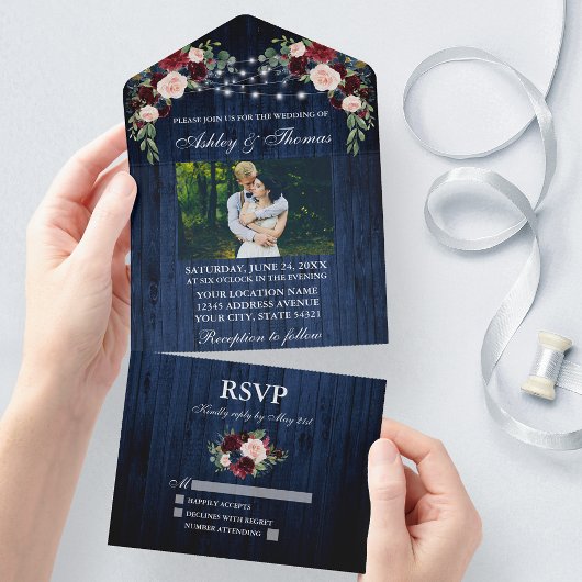 Foto van Rustic Wedding Floral Blue Wood All In One Uitnodiging