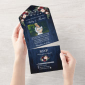 Foto van Rustic Wedding Floral Blue Wood All In One Uitnodiging (Afscheurbaar)