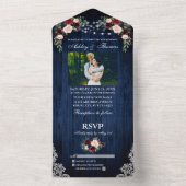 Foto van Rustic Wedding Floral Blue Wood Lights All In One Uitnodiging (Binnen)