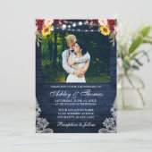 Foto van Rustic Wedding Floral Blue Wood Lights Kaart (Staand voorkant)