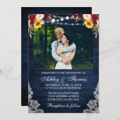 Foto van Rustic Wedding Floral Blue Wood Lights Kaart (Voorkant / Achterkant)