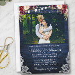 Foto van Rustic Wedding Floral Blue Wood Lights Kaart<br><div class="desc">Rustic Wedding,  Waterverf Burgundy Floral,  Blue Wood String Lights Fotouitnodiging</div>