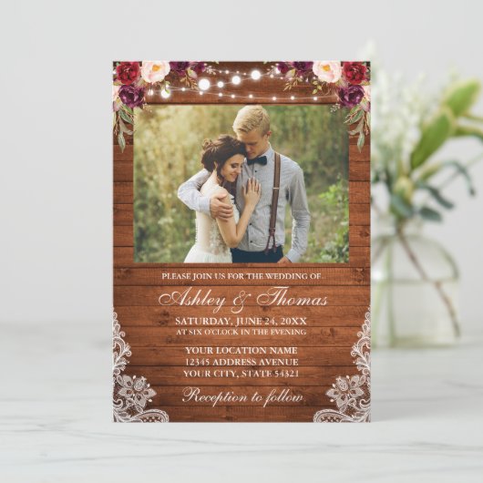 Foto van Rustic Wedding Floral Wood Lights Kaart (Staand voorkant)