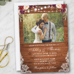 Foto van Rustic Wedding Floral Wood Lights Kaart<br><div class="desc">Rustic Wedding,  Waterverf Burgundy Floral,  Wood String Lights Fotouitnodiging</div>