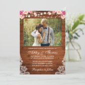 Foto van Rustic Wedding Pink Floral Wood Lights Kaart (Staand voorkant)