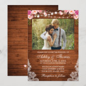Foto van Rustic Wedding Pink Floral Wood Lights Kaart (Voorkant / Achterkant)