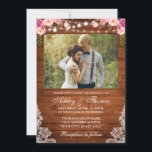 Foto van Rustic Wedding Pink Floral Wood Lights Kaart<br><div class="desc">Rustic Wedding,  Waterverf Roze Blush Floral,  Hood String Lights Foto Uitnodiging</div>