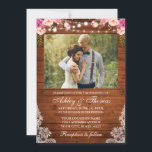 Foto van Rustic Wedding Pink Floral Wood Lights Kaart<br><div class="desc">Rustic Wedding,  Waterverf Roze Blush Floral,  Hood String Lights Foto Uitnodiging</div>