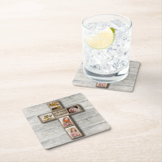 Foto van Rustic Wood Cross First Kartonnen Onderzetters (Insitu)