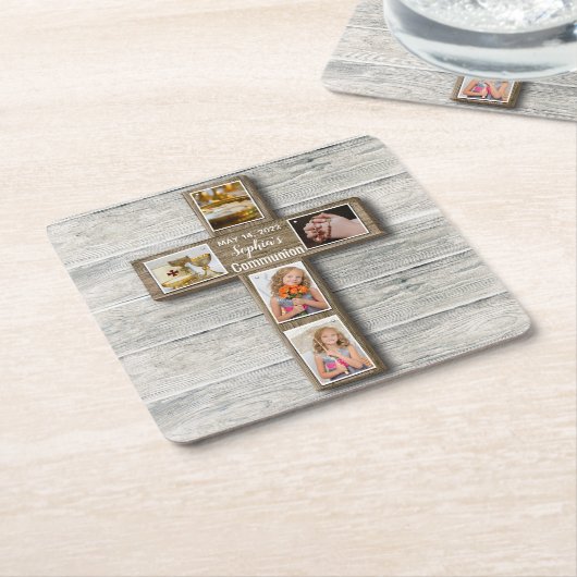 Foto van Rustic Wood Cross First Kartonnen Onderzetters (Schuin)