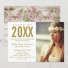 Foto van Rustic Wood Floral Gold Graduation Party Kaart