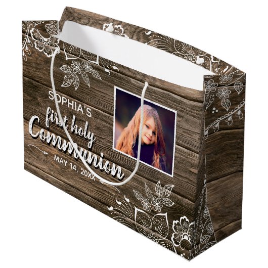 Foto van Rustic Wood Lace First Groot Cadeauzakje (Achterkant Gekanteld)