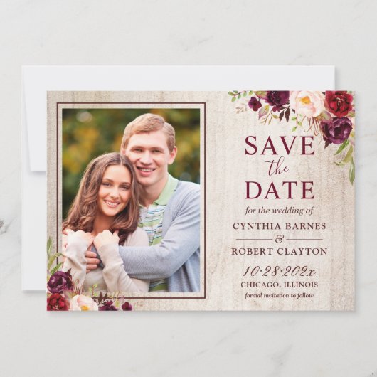 Foto van Rustisch Land Wood Burgundy Red Floral Save The Date (Voorkant)