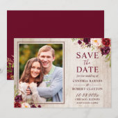 Foto van Rustisch Land Wood Burgundy Red Floral Save The Date (Voorkant / Achterkant)