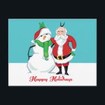 Foto van Santa Snowman Feestdagenkaart<br><div class="desc">Iedereen glimlacht! Het is de kerstman en zijn favoriete kerstsneeuwpop die poseert voor een vakantiefoto. Vang dit ijzige kerstpaar dat hun konijnenoorknuppel trekt op t-shirts,  geschenken en meer.</div>