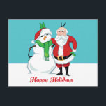 Foto van Santa Snowman Feestdagenkaart<br><div class="desc">Iedereen glimlacht! Het is de kerstman en zijn favoriete kerstsneeuwpop die poseert voor een vakantiefoto. Vang dit ijzige kerstpaar dat hun konijnenoorknuppel trekt op t-shirts,  geschenken en meer.</div>