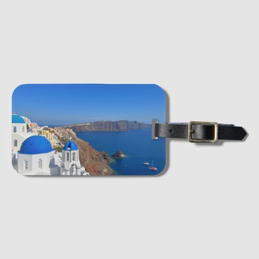 Foto van Santorini Greece Blue Domed Church Bagagelabel (Voorkant (horizontaal))